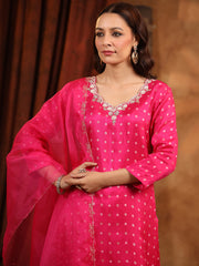 Neck Embroidered Art Silk Kurta With Pants & Dupatta