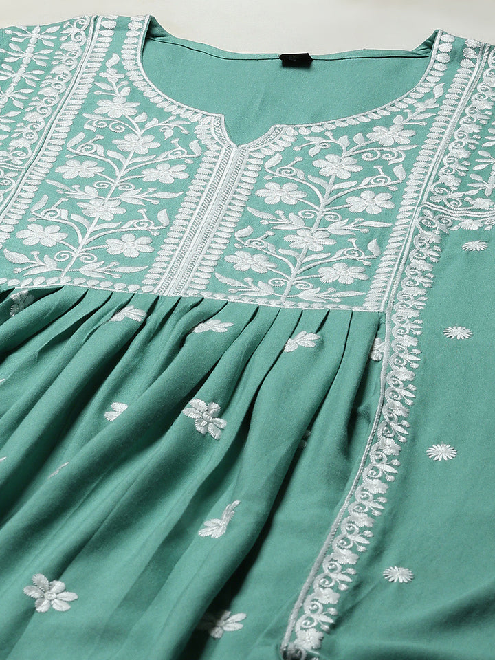 Embroidered Cotton Kurta With Pant &amp; Dupatta