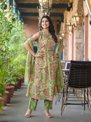 Printed Cotton Blend Kurta With Pants & Dupatta