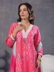 Neck Embroidery Muslin Kurta With Pants & Dupatta