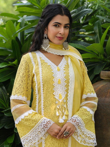 Embroidered Cotton Kurta With Pants & Dupatta