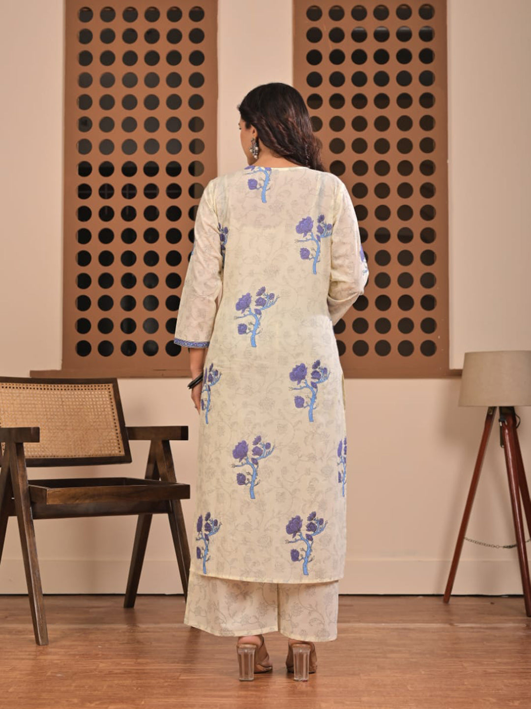 Blue Printed Cotton Blend Straight Suit Set With Dupatta