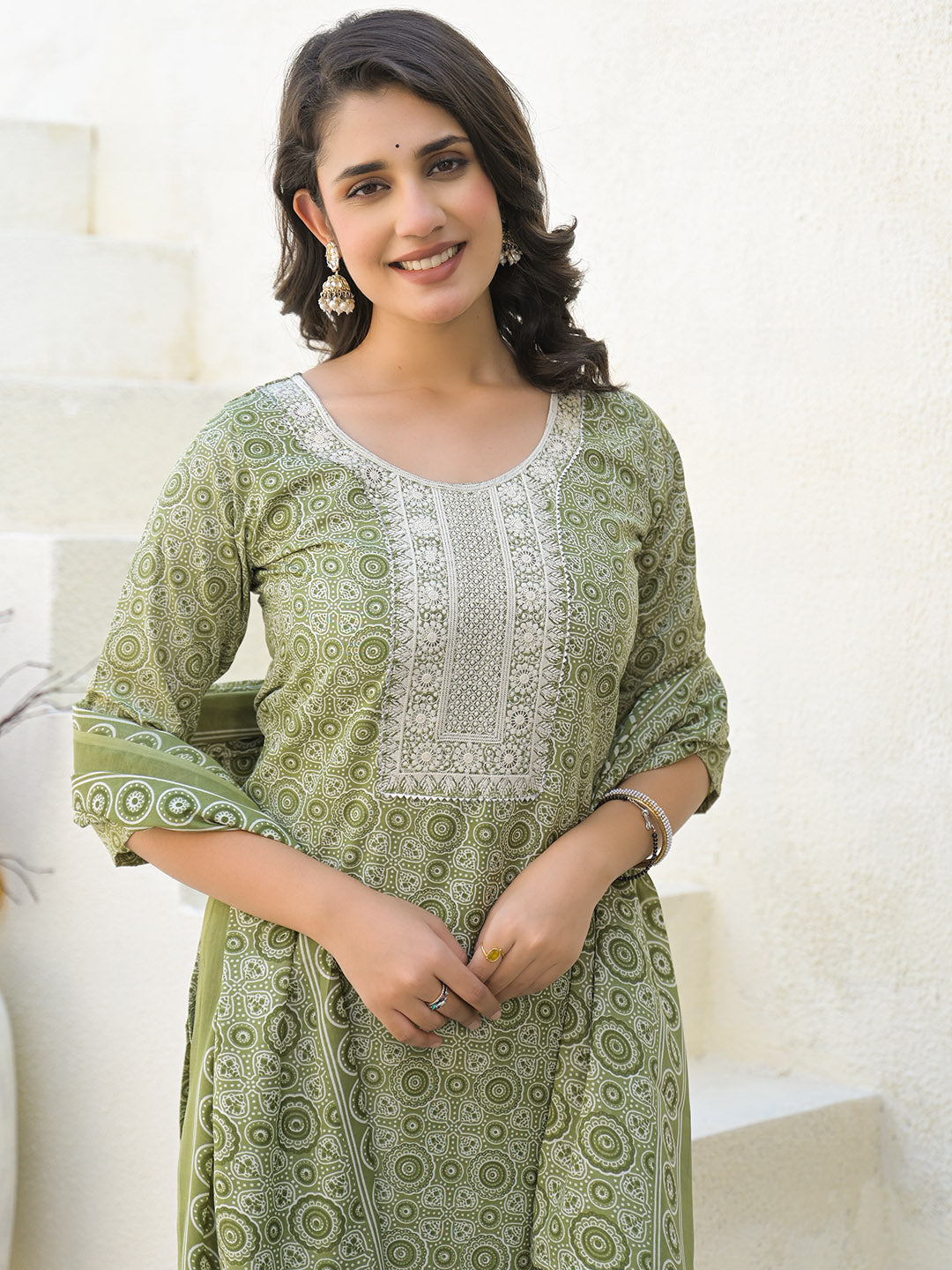 Floral Printed Cotton Kurta With Pants &amp; Dupatta