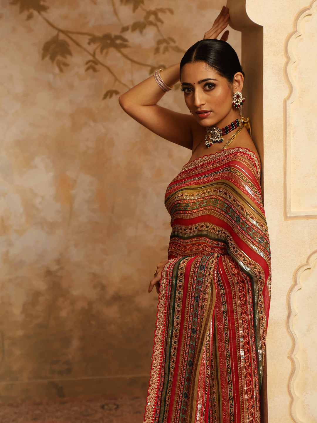 Digital Printed &amp; Zari Stripes Georgette Saree