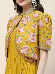 Floral Sequin Embroidery Georgette Kurta With Jacket & Dupatta