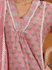 Printed Cotton Blend Kurta With Pants & Dupatta