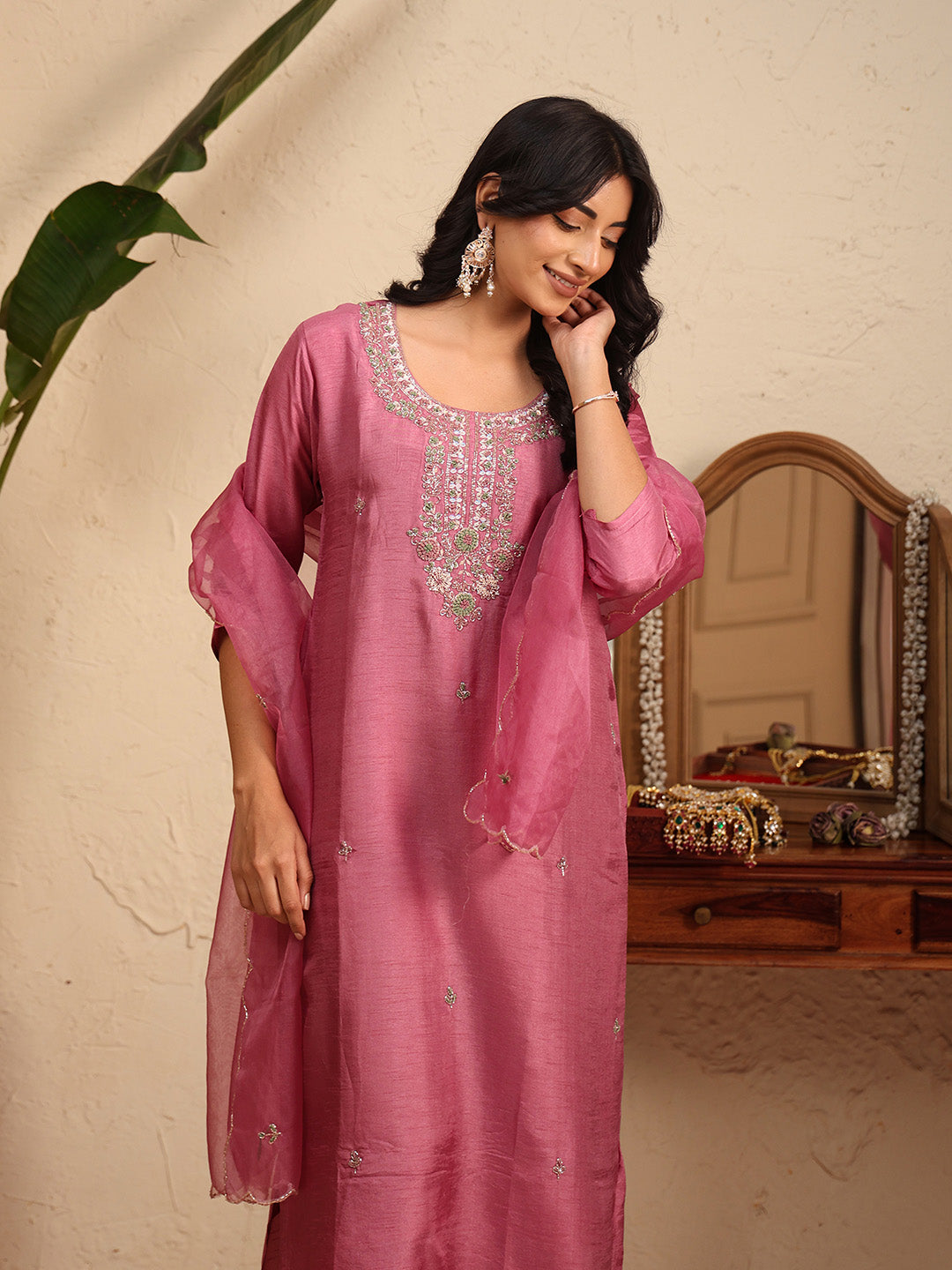 Embroidered Cotton Kurta With Pant &amp; Dupatta