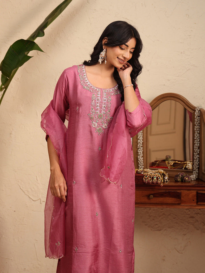 Embroidered Cotton Kurta With Pant &amp; Dupatta