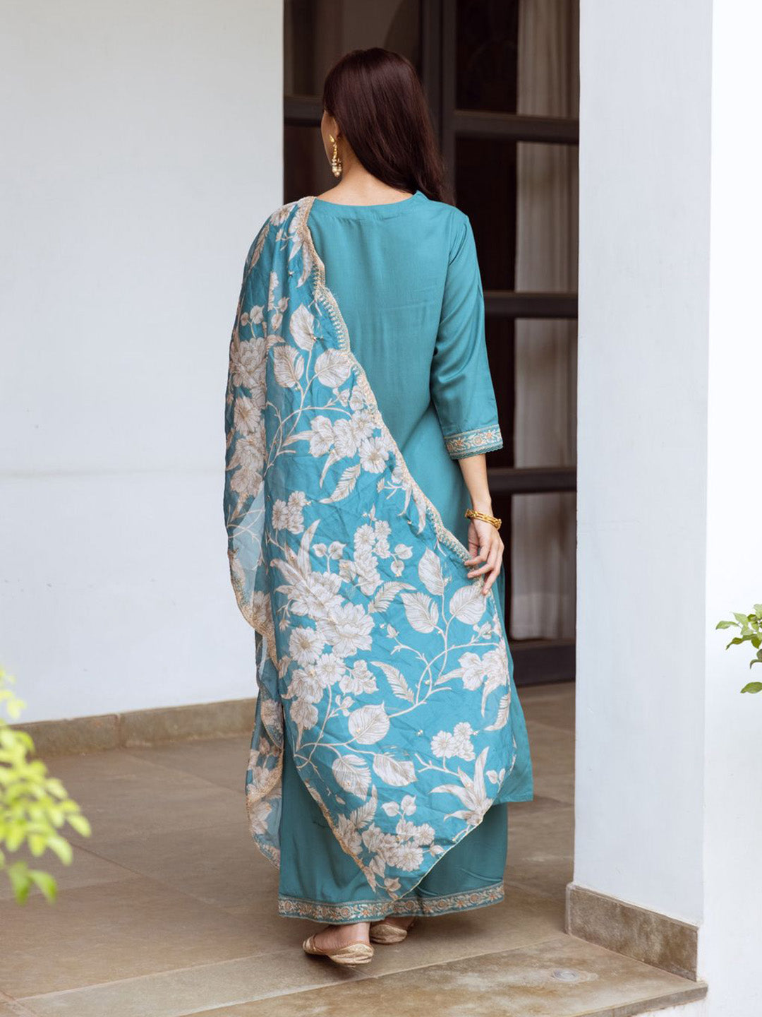 Neck Embroidery Cotton Blend Kurta With Pants & Dupatta