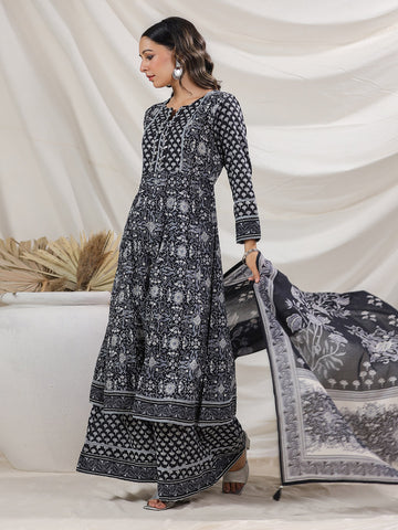 Floral Printed Cotton Blend Kurta With Palazzo & Dupatta