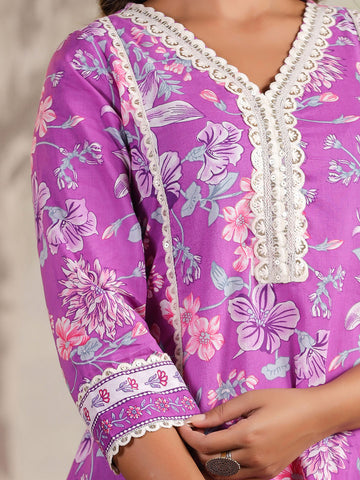 Floral Printed Cotton Blend Kurta With Pants & Dupatta