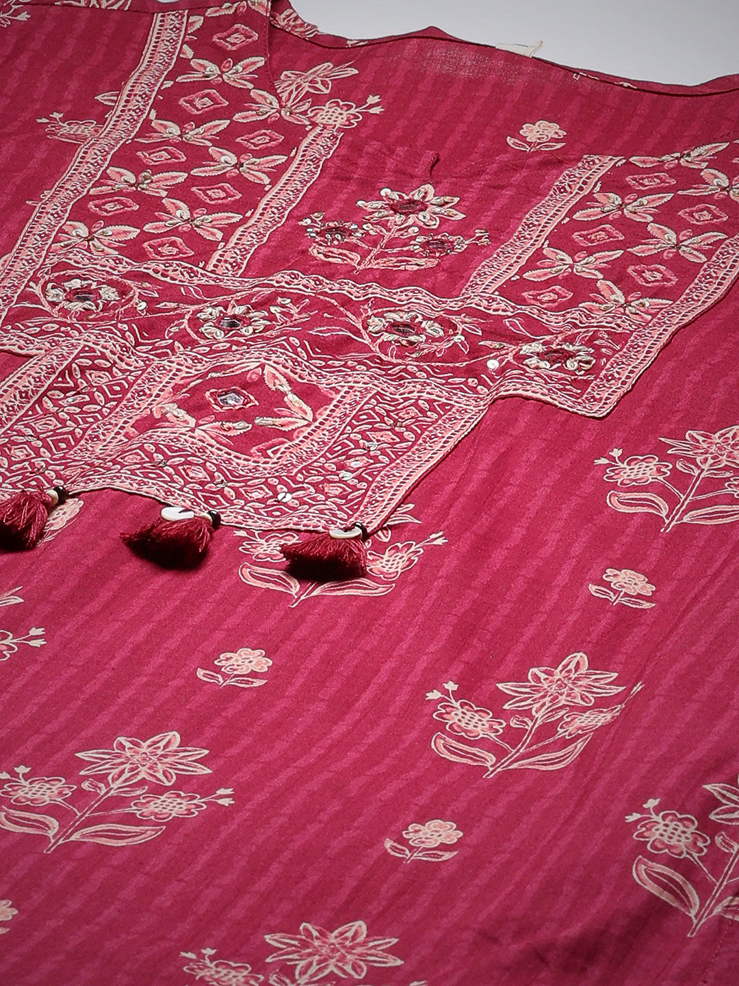 Wine Cotton Blend Printed A Line Suit Set