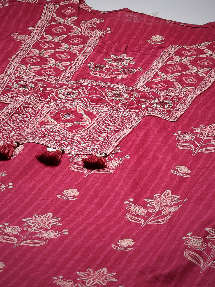 Wine Cotton Blend Printed A Line Suit Set