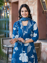 Printed Cotton Blend Kurta With Pants & Dupatta