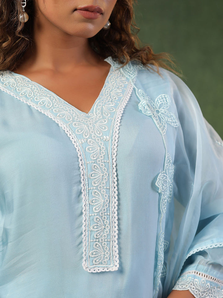 Blue Cotton Blend Embroidered Straight Suit Set