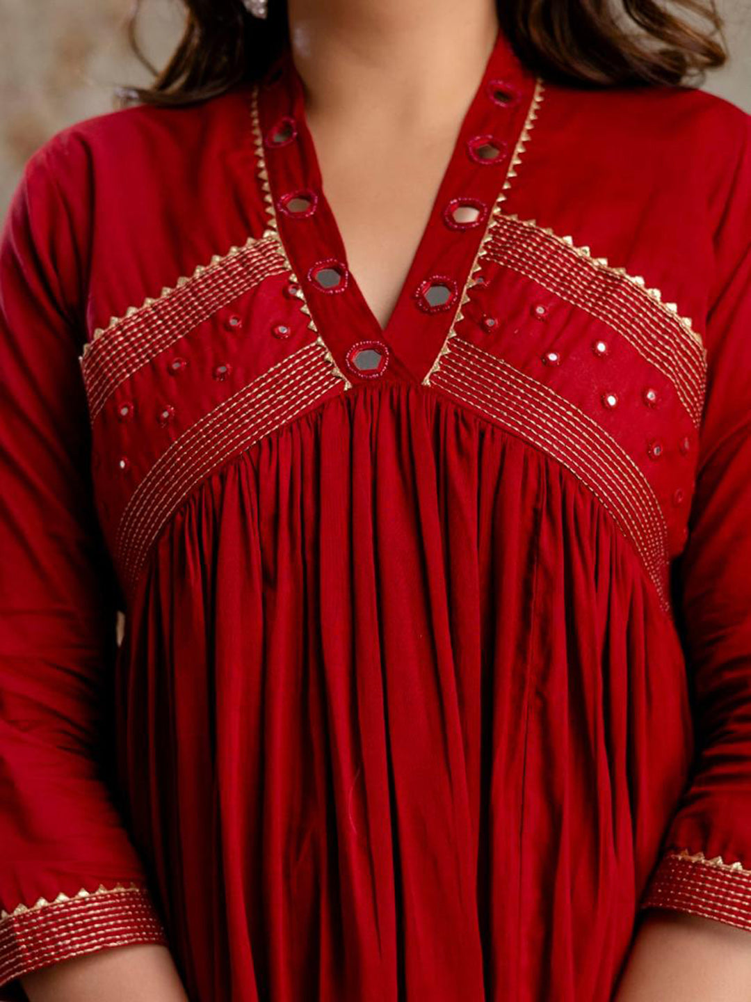 Maroon Cotton Blend Embroidered Straight Suit Set
