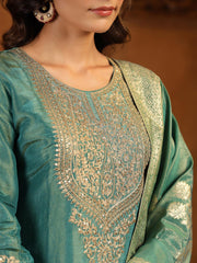 Neck Zari Embroidery Tissue Kurta With Pants & Dupatta