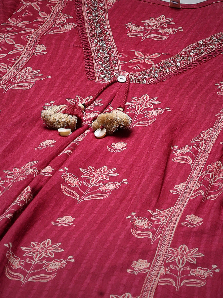 Wine Cotton Blend Printed Straight Suit Set
