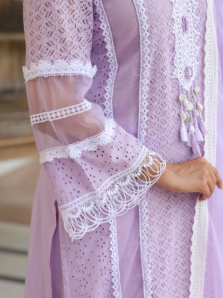 Lavender Embroidered Cotton Blend A-Line Suit Set With Dupatta