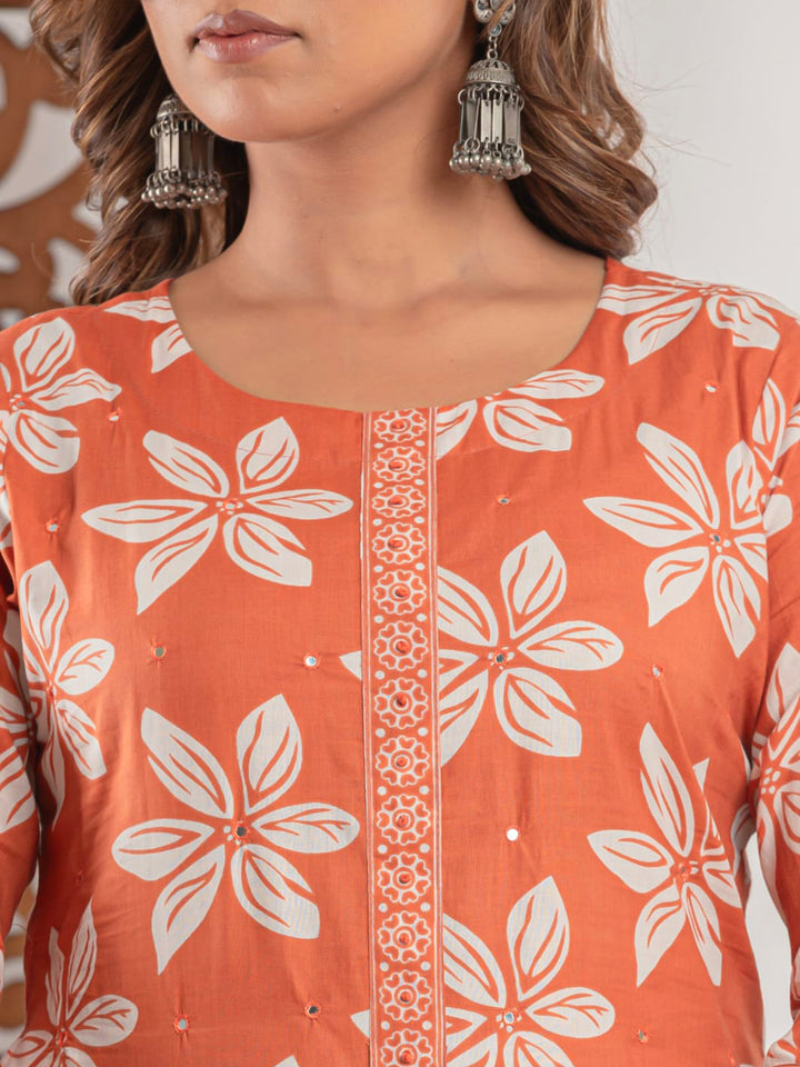 Brick Cotton Blend Printed Straight Suit Set