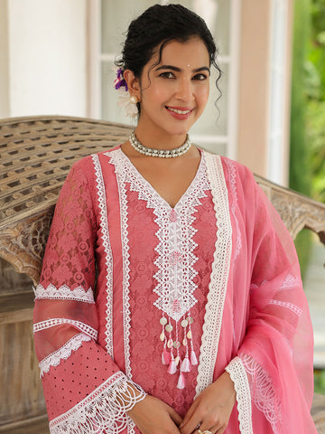 Embroidered Cotton Kurta With Pants & Dupatta