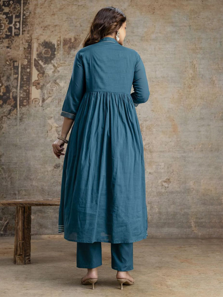 Blue Cotton Blend Embroidered Straight Suit Set