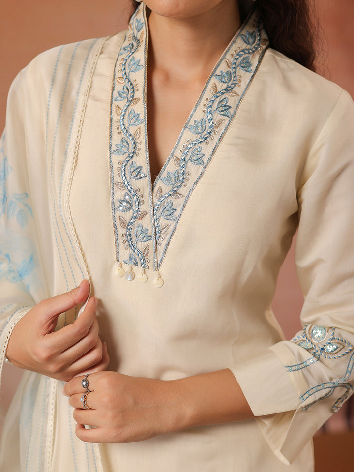 Embroidered Cotton Kurta With Pant &amp; Dupatta