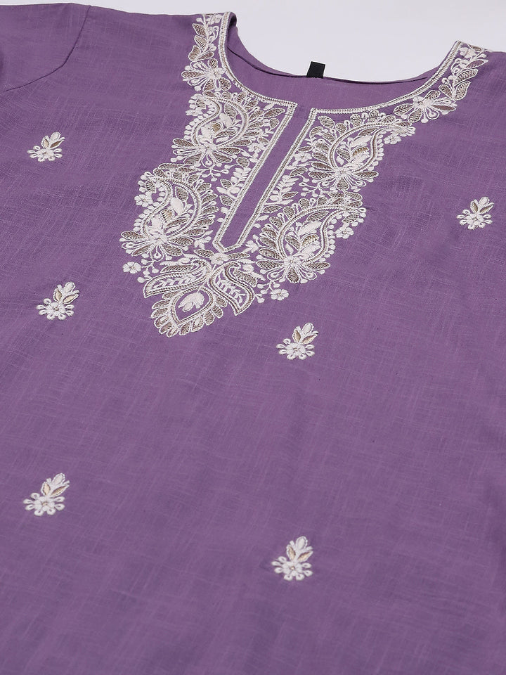 Neck Embroidered Cotton Blend Kurta With Pants