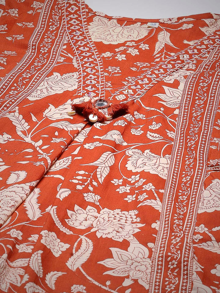 Rust Cotton Blend Printed A Line Suit Set