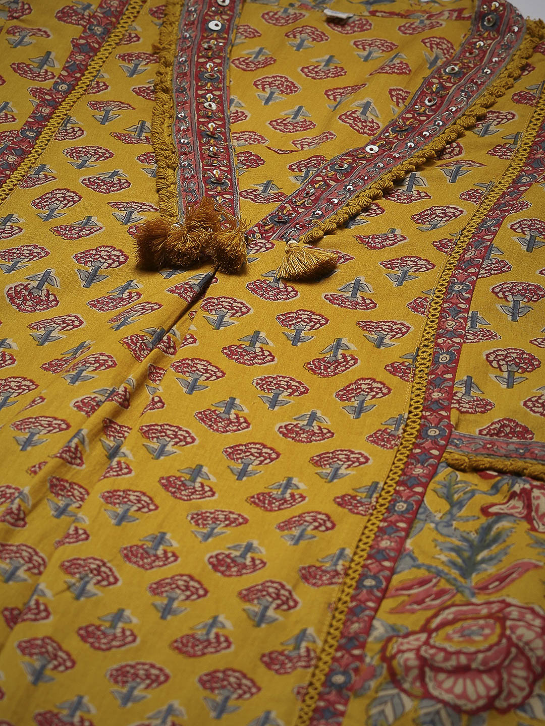 Mustard Cotton Blend Printed Straight Suit Set