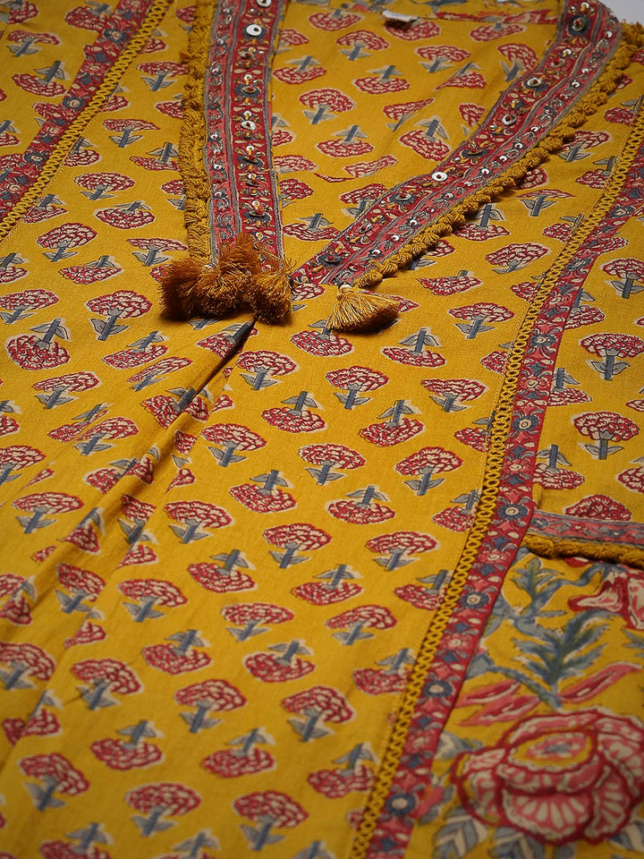 Mustard Cotton Blend Printed Straight Suit Set