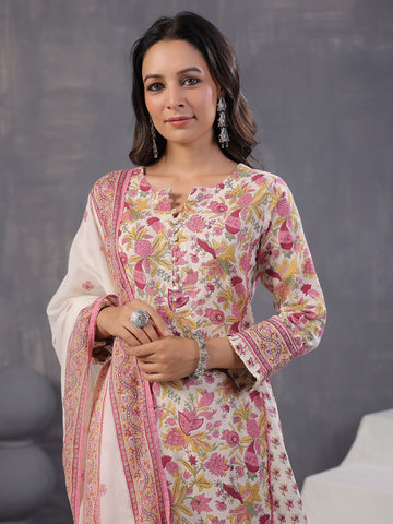 Floral Print Cotton Kurta With Pants & Dupatta