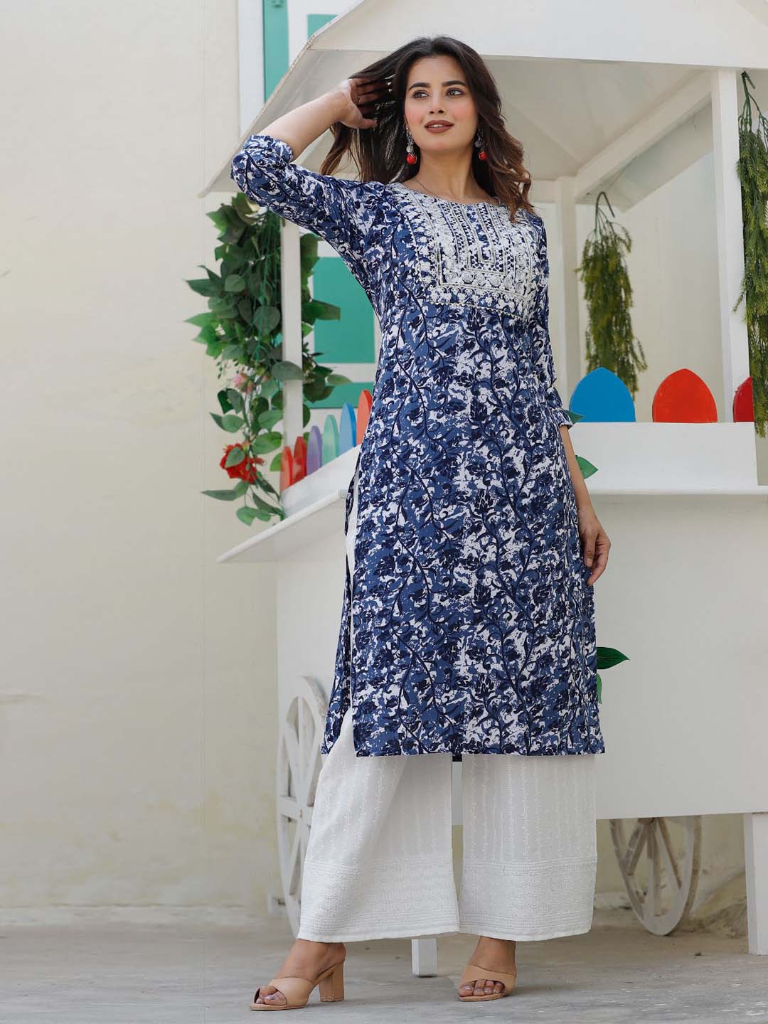 Neck Embroidered & Printed Cotton Kurta With Pants