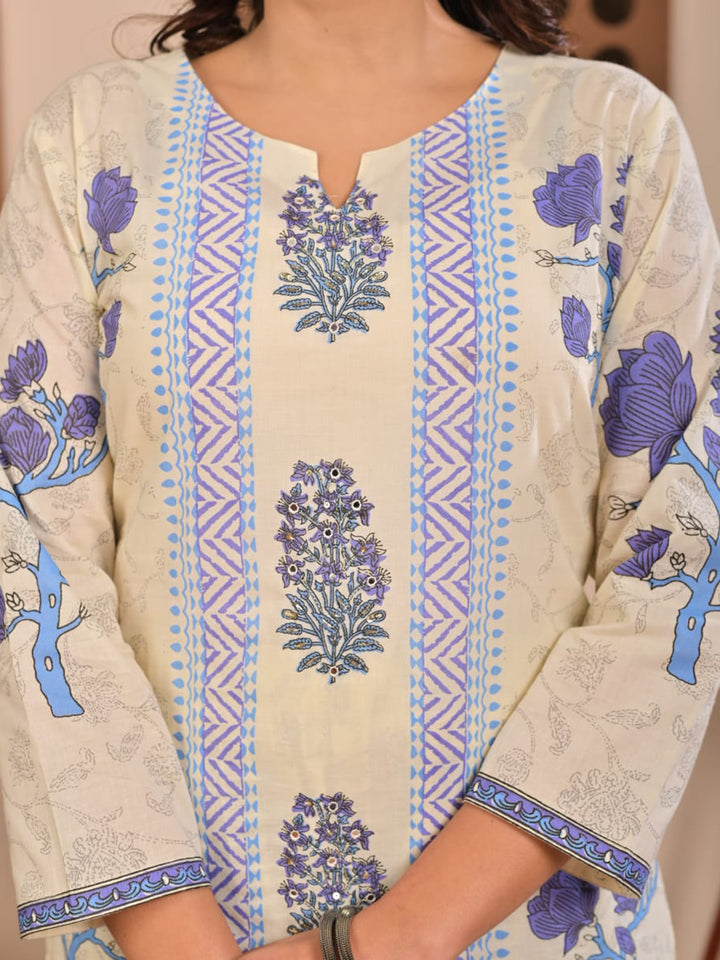 Cream Blue Cotton Blend Printed Straight Suit Set