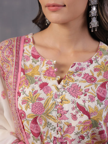 Floral Print Cotton Kurta With Pants & Dupatta