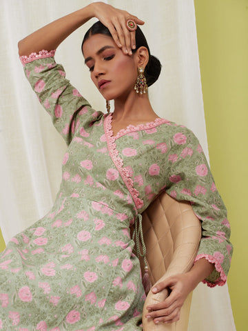 Floral Printed Cotton Anarkali Kurta With Pants