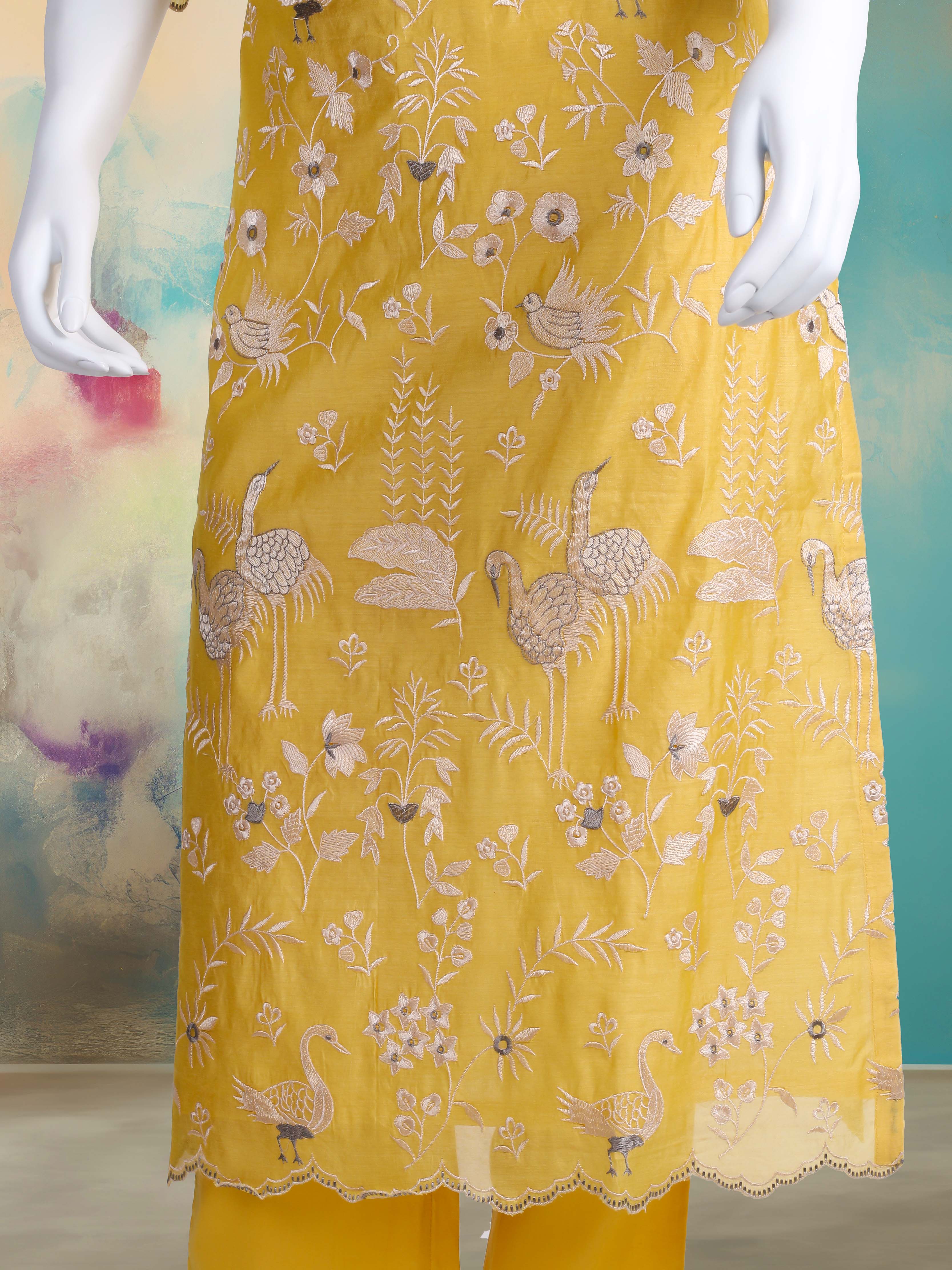 Embroidered Chanderi Kurta With Pant & Dupatta