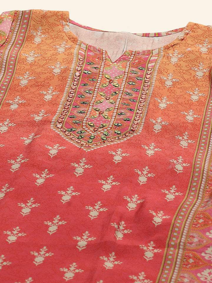 Neck Embroidered Muslin Kurta With Pants &amp; Dupatta