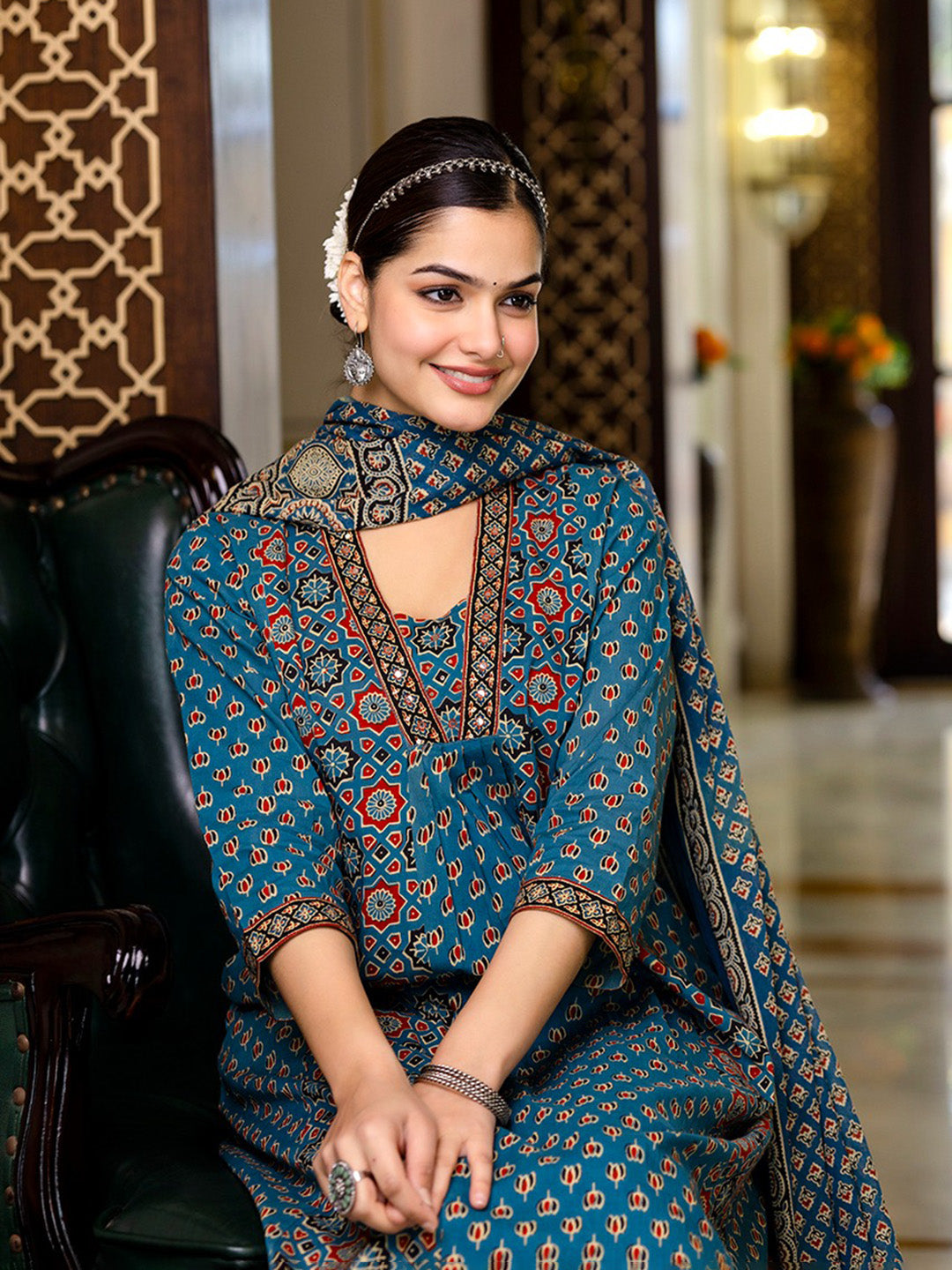 Printed Cotton Blend Kurta With Pants & Dupatta