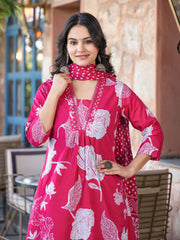 Printed Cotton Blend Kurta With Pants & Dupatta