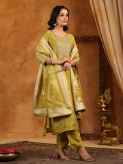 Neck Zari Embroidery Tissue Kurta With Pants & Dupatta