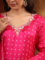 Neck Embroidered Art Silk Kurta With Pants & Dupatta