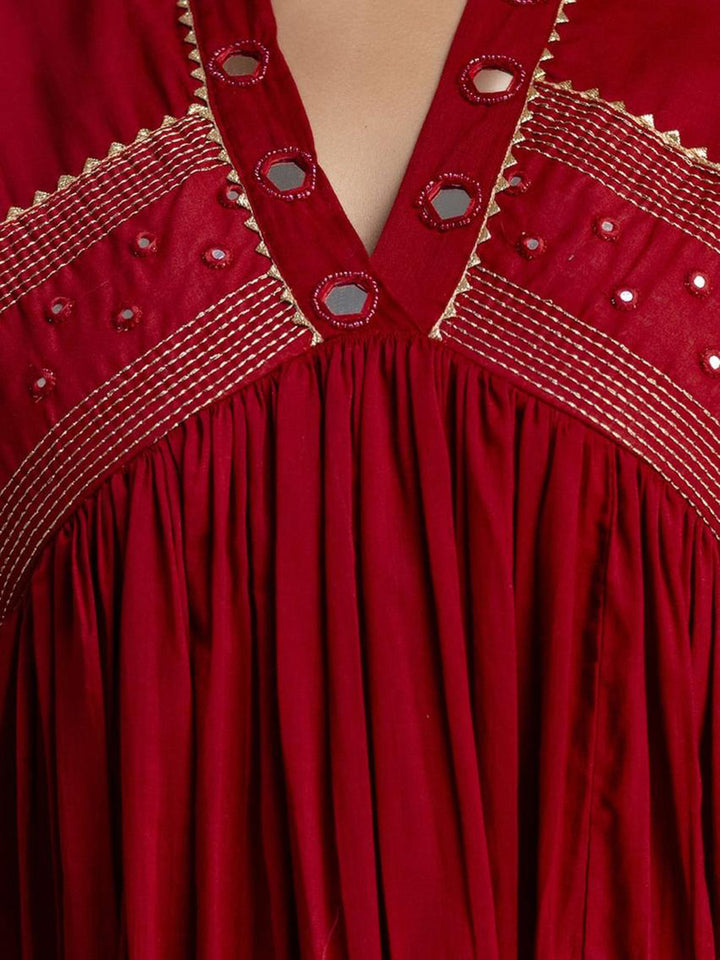 Maroon Cotton Blend Embroidered Straight Suit Set