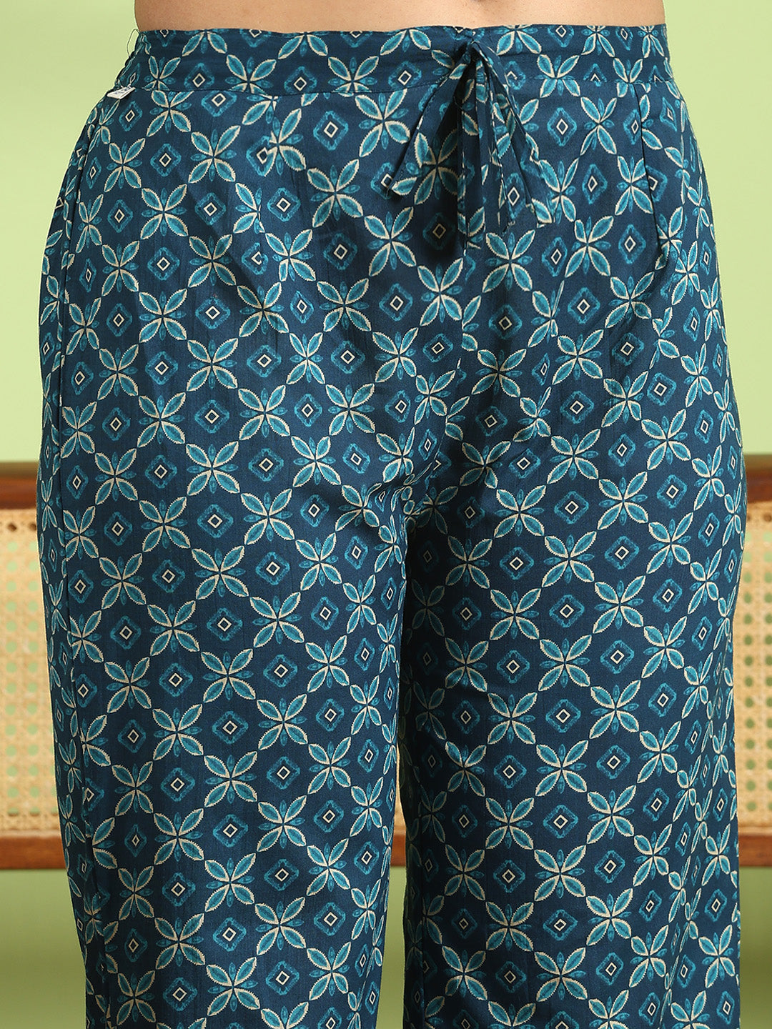 Blue Cotton Blend Printed A Line Suit Set