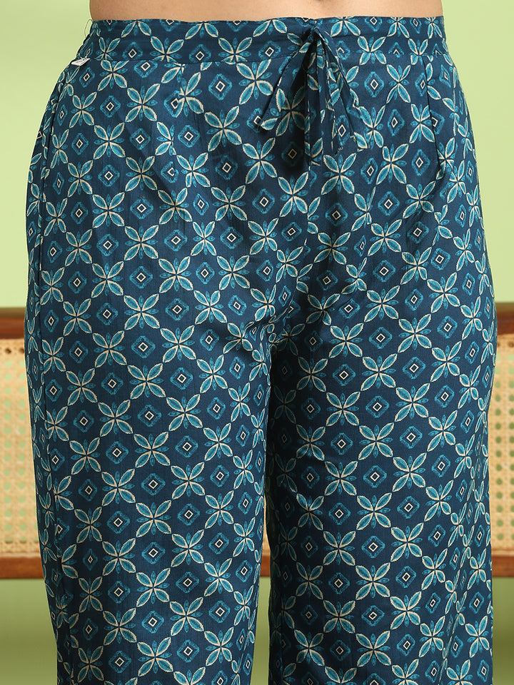 Blue Cotton Blend Printed A Line Suit Set