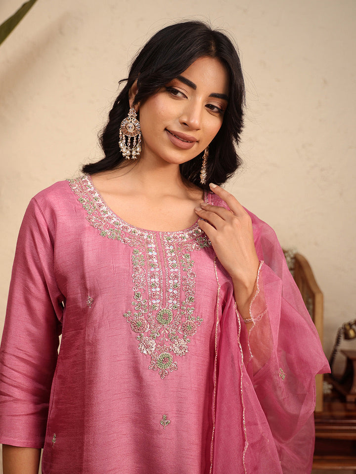 Embroidered Cotton Kurta With Pant &amp; Dupatta