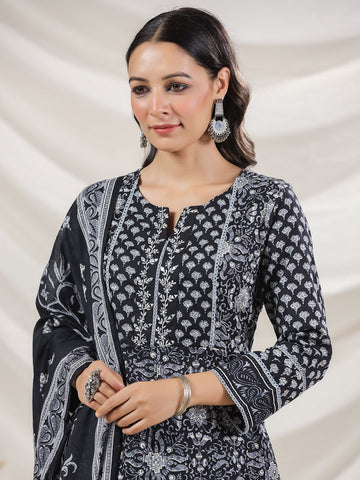 Floral Printed Cotton Blend Kurta With Palazzo & Dupatta