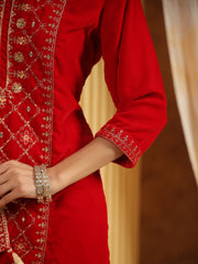 Neck Embroidered Velvet Kurta With Pants & Dupatta