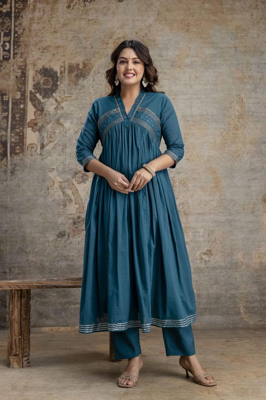 Blue Cotton Blend Embroidered Straight Suit Set