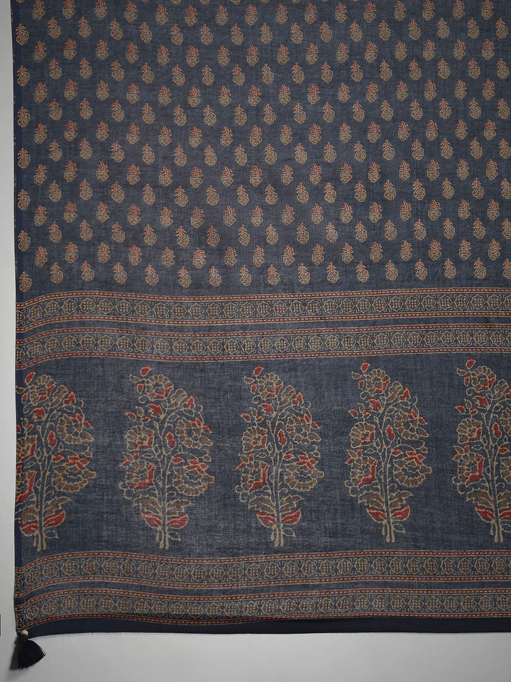 Blue Cotton Blend Printed Straight Suit Set